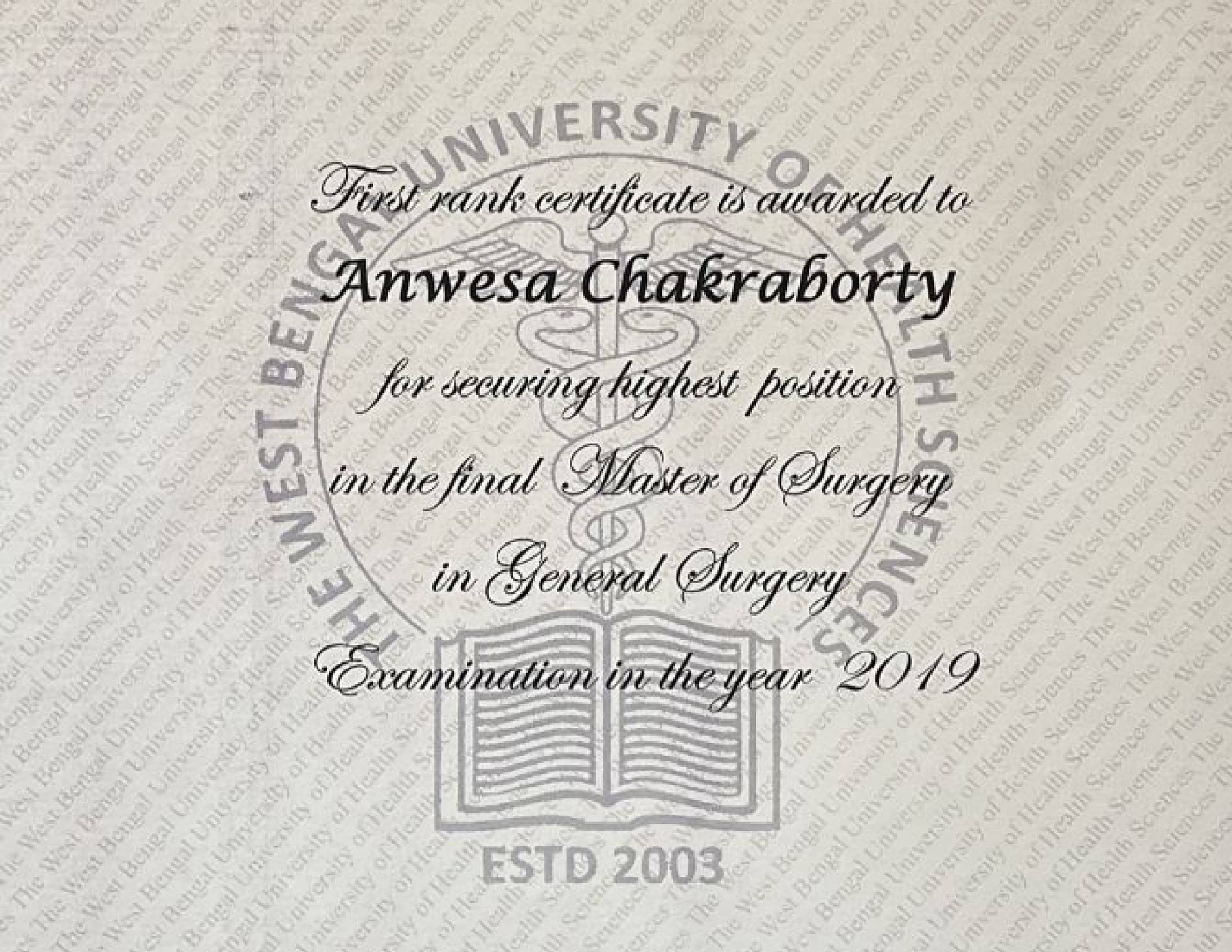 First Rank certificate is awarded to Anwesa Chakraborty